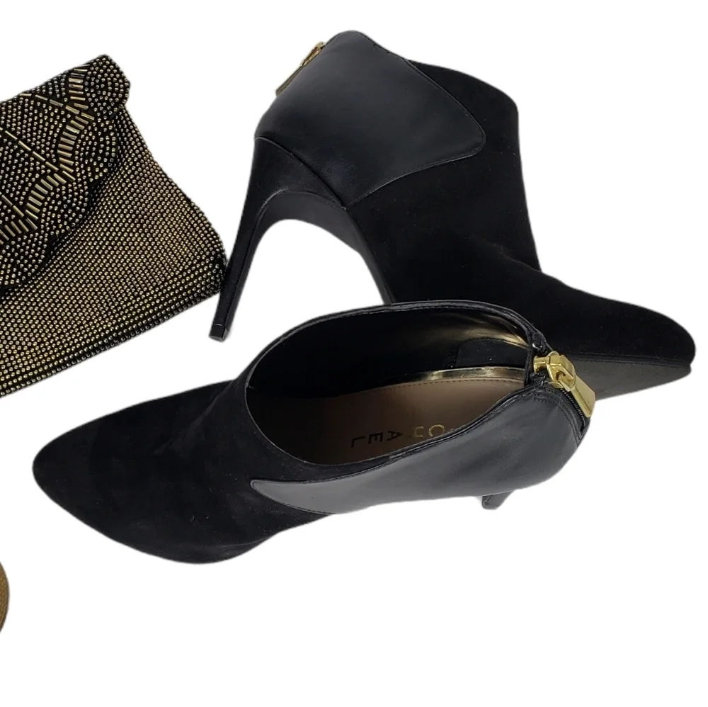Black Suede Leather Ankle Boots Gold Zip Booties - Picture 6 of 8
